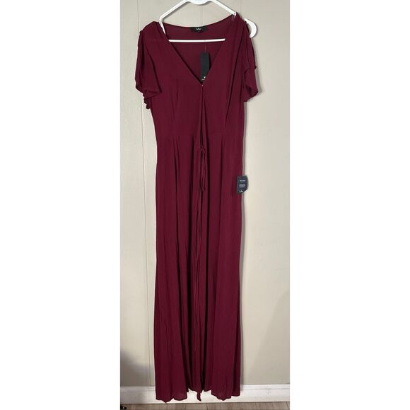 Lulus Burgundy Wide-Leg Jumpsuit NWT | Women’s Small | Flutter Sleeve Deep V - Picture 2 of 9